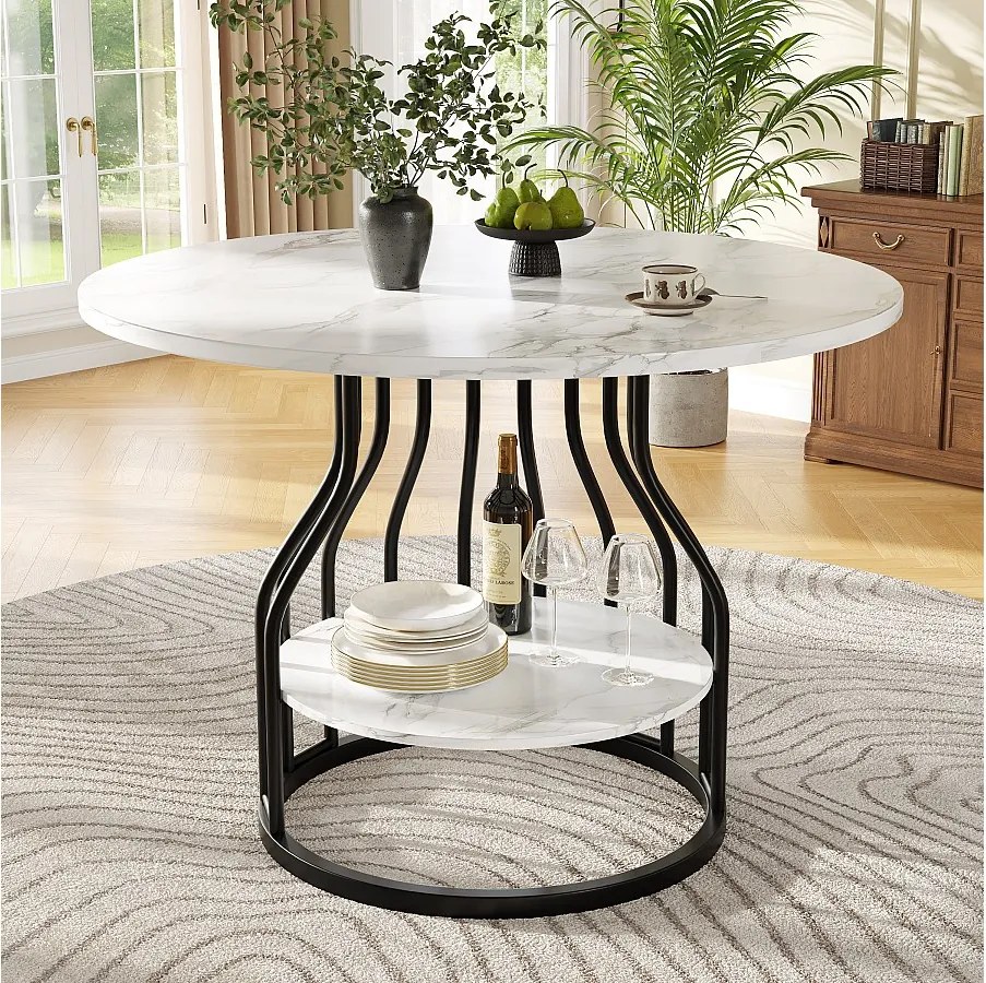 Stół jadalny 4-osobowy - 80 x 80 x 76cm - mały okrągły blat na środku do przechowywania - MDF - biały + czarny