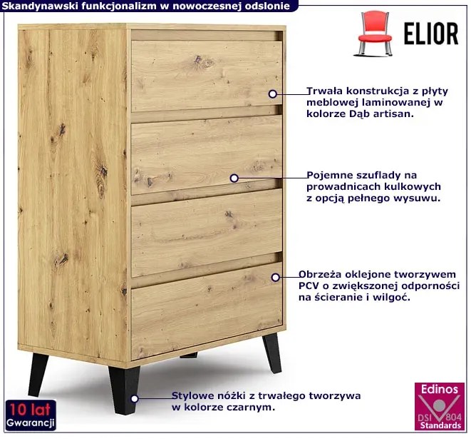 Komoda z 4 szufladami w stylu scandi dąb artisan - Bilgo 5X