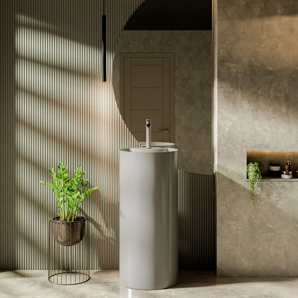 Zestaw KALMI z konglomeratu w kolorze szarym błyszczącym wanna wolnostojąca i umywalka wolnostojąca z konglomeratu