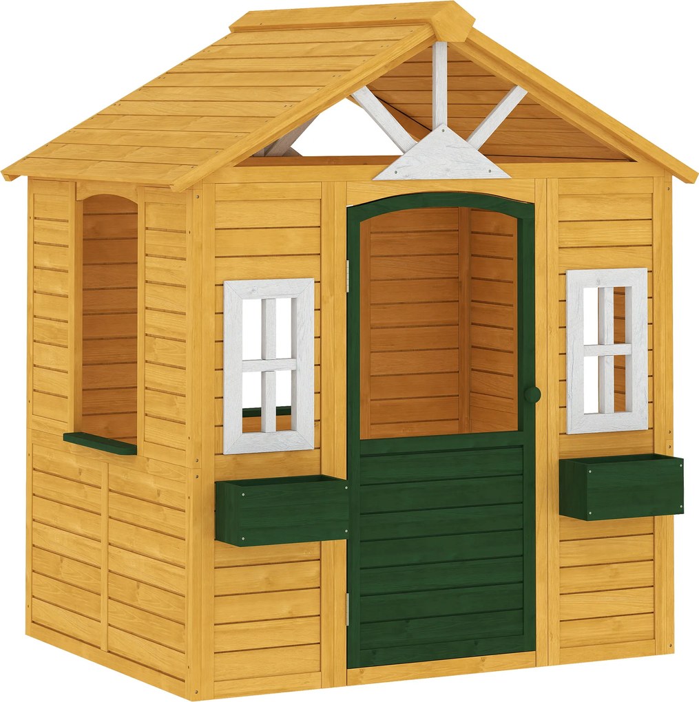 AIYAPLAY Drewniany domek ogrodowy dla dzieci z drzwiami, 3 oknami i 2 skrzynkami na kwiaty, dla dzieci w wieku 3-8 lat, 134,5 x 97 x 150 cm, brązowy | Aosom PL