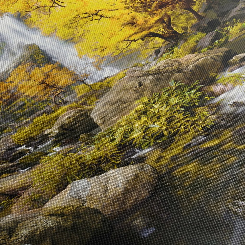 Obraz - Wodospady w jesiennym krajobrazie, żółty (z zegarem) (90x30 cm)