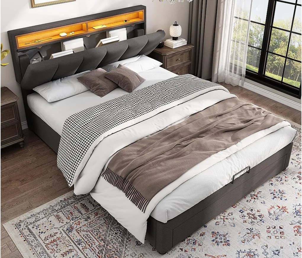 Łóżko tapicerowane 140x200cm z lnu z szufladami - zagłówek z miejscem do przechowywania z LED - stelaż na listwy - Szary