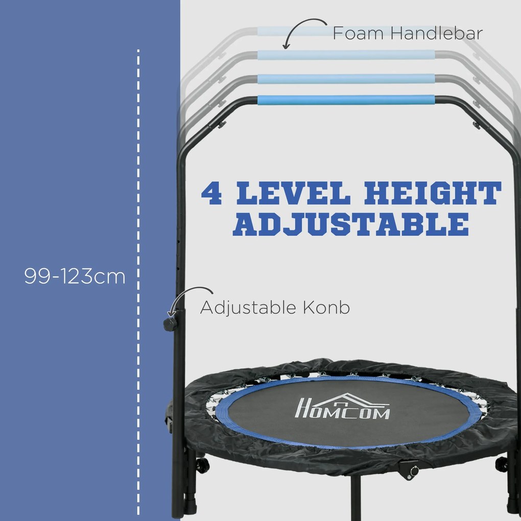 HOMCOM Trampolina fitness, składana, z regulowanym uchwytem, Ø102x123H cm, do 100 kg, Czarna/Niebieska