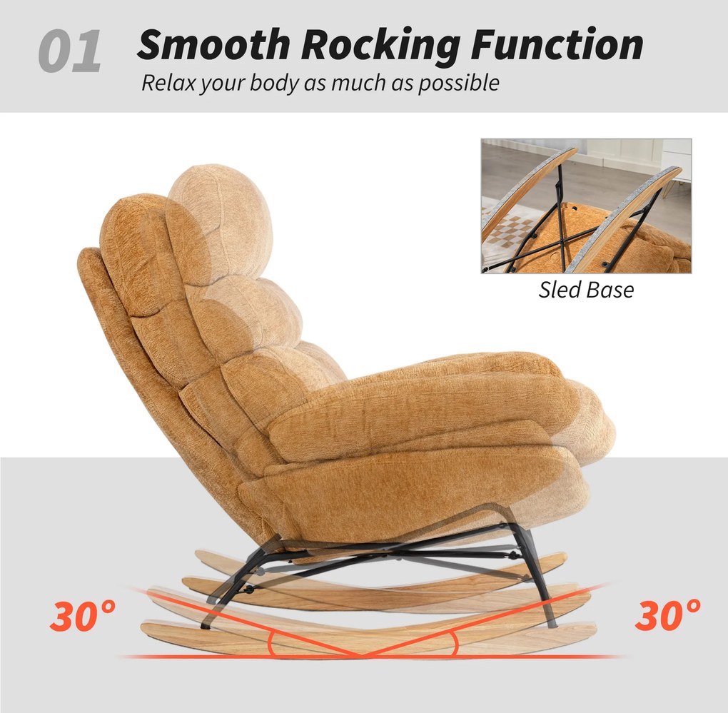 HOMCOM Tapicerowany fotel bujany ze stalowymi nogami i drewnianymi płozami, Żółty
