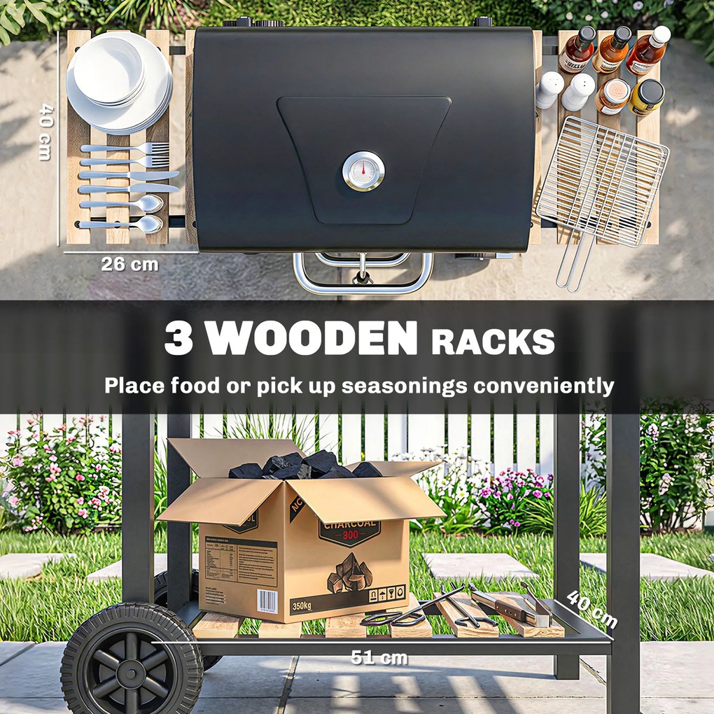 Outsunny Grill węglowy z regulowaną paletą węglową, wózek grillowy, półki, termometr, otwieracz do butelek, stal, drewno, czarny