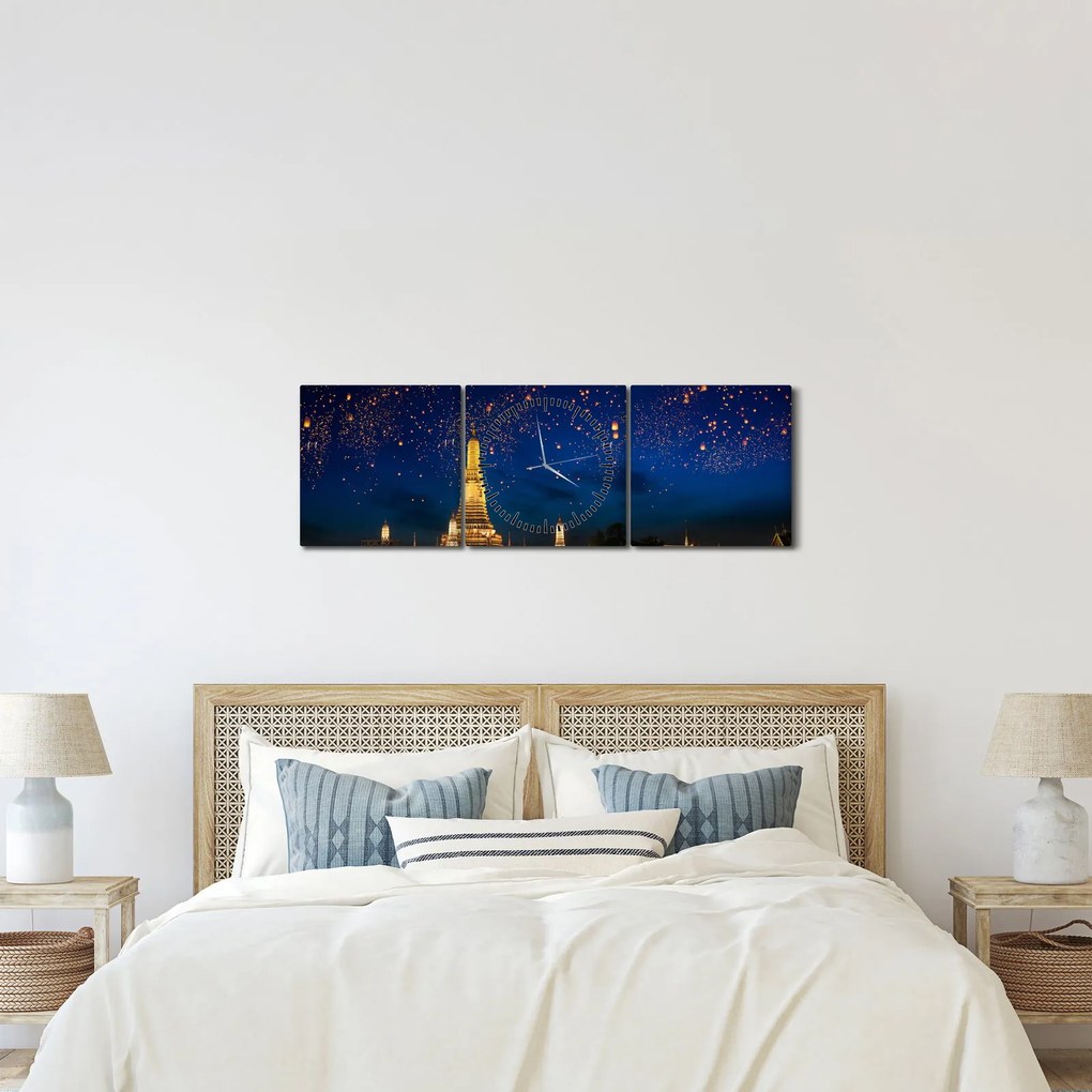Obraz - Lampiony szczęścia, Bangkok (z zegarem) (90x30 cm)