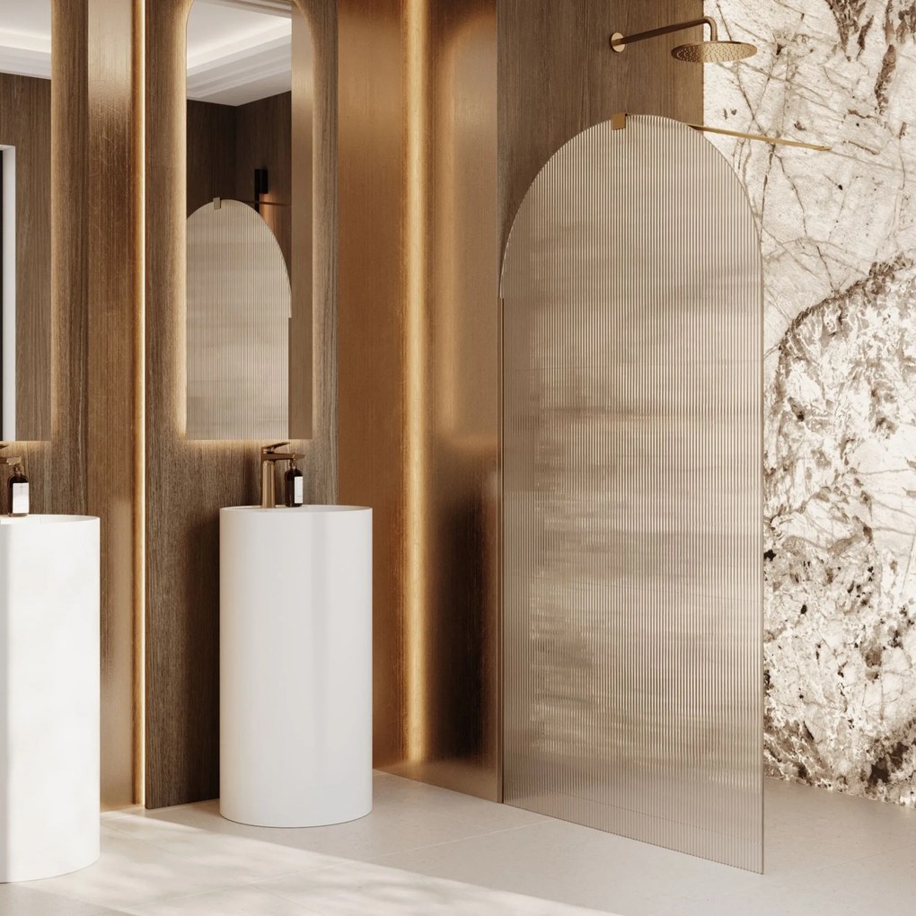 Ścianka prysznicowa WALK IN FIX przezroczysta półokrągła ryflowana 8 mm WELLE Oval Clear MASSI | Różne rozmiary : Kolor profili kabiny - złoty, Szerokość ścianki - 90 cm , Typ montażu - WALK in FIX (Do ściany)