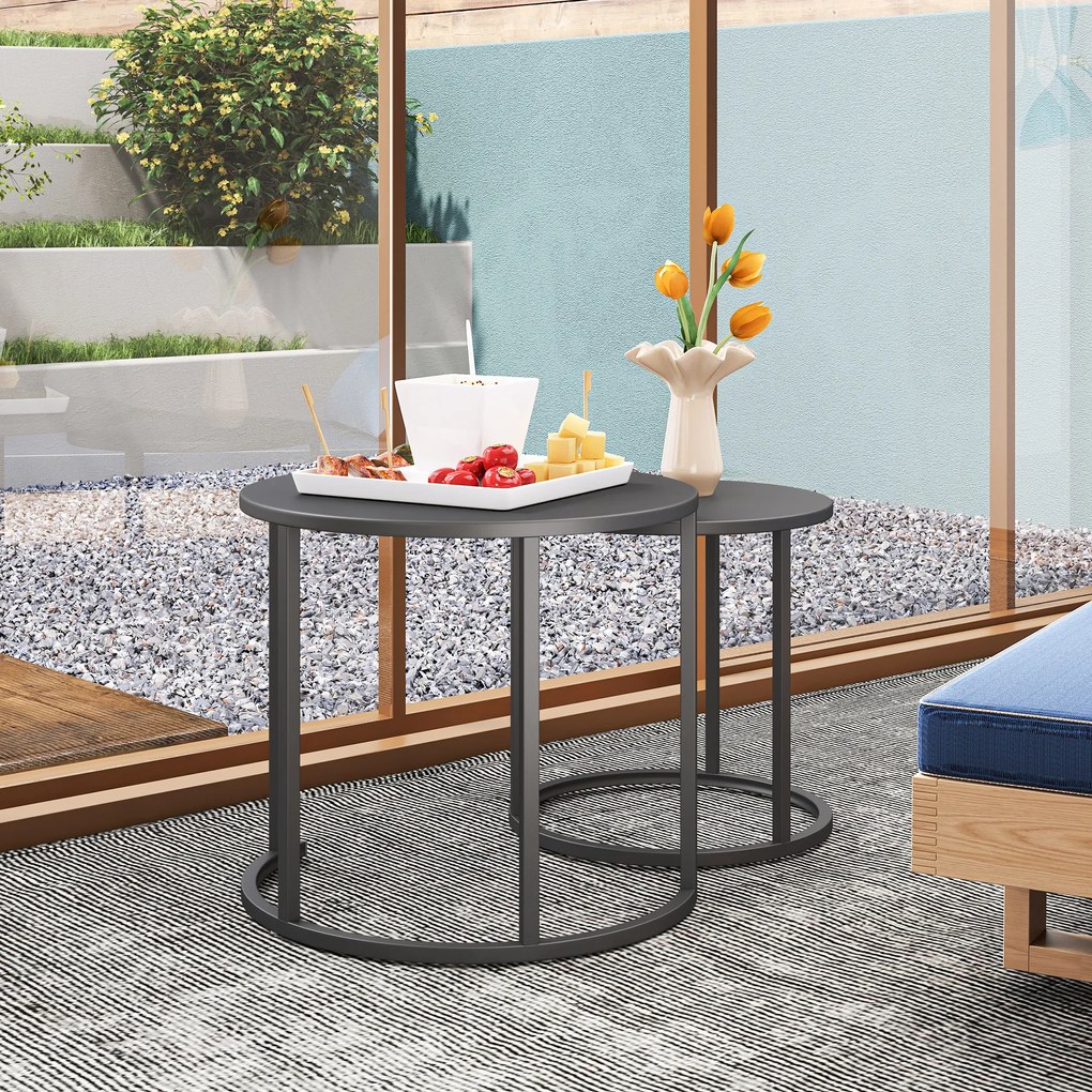 Outsunny 2-osobowy zestaw stolików bocznych, stolik ogrodowy okrągły, odporny na warunki pogodowe, stolik balkonowy ze stali, oszczędzający miejsce Ciemnoszary