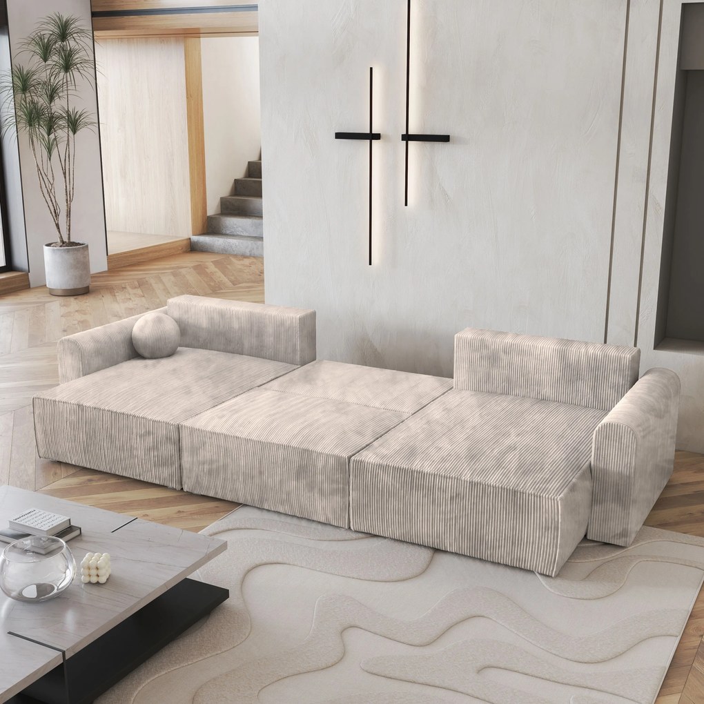 Masseno Narożnik FENTO z funkcją spania i pojemnikiem na pościel Narozniki U, Rozkładana sofa - Kremowy, POSO 100