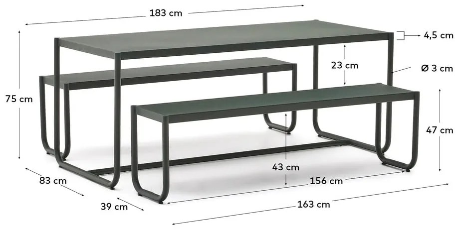 Ciemnozielony metalowy zestaw mebli ogrodowych dla 4 osób Sotil – Kave Home