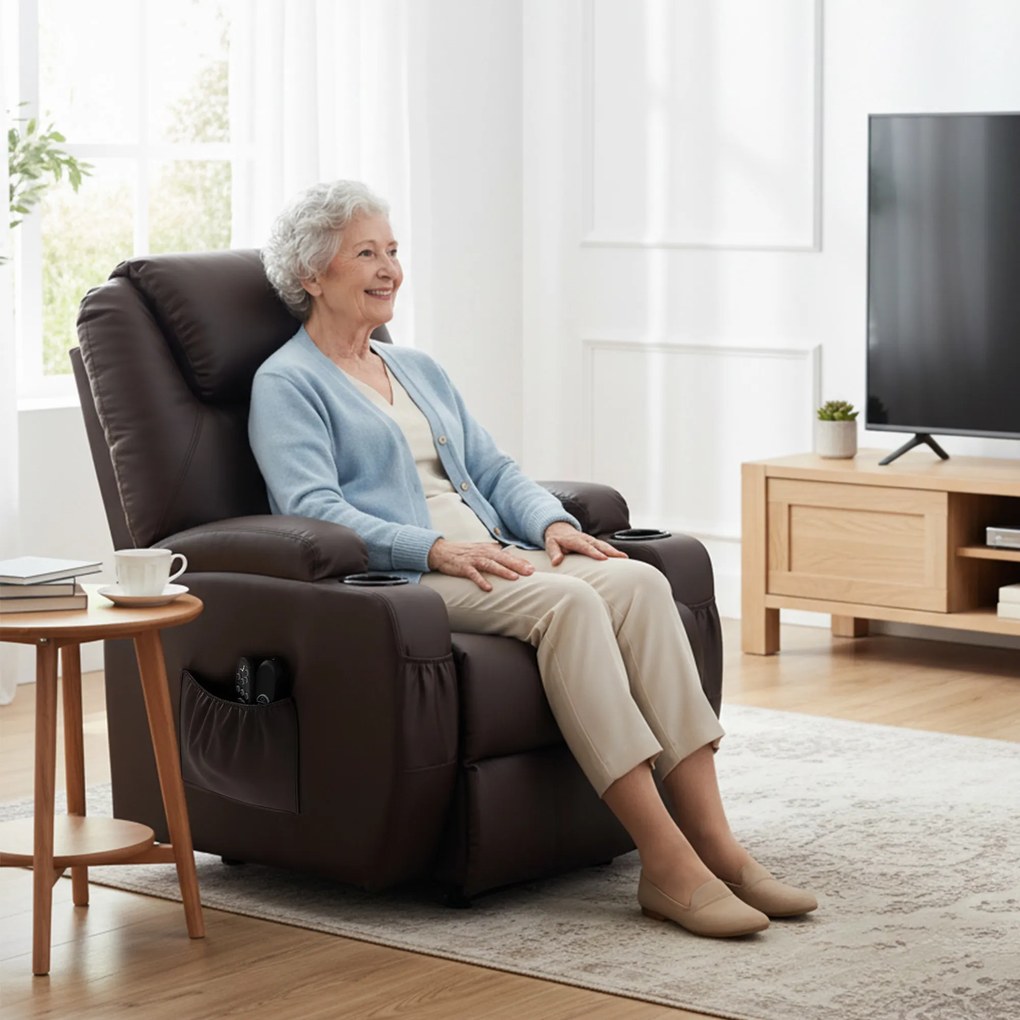 HOMCOM Fotel z funkcją wstawania, fotel relaksacyjny z pomocą przy wstawaniu, z pilotem, uchwytem na kubek, regulowane oparcie, brązowy | Aosom PL