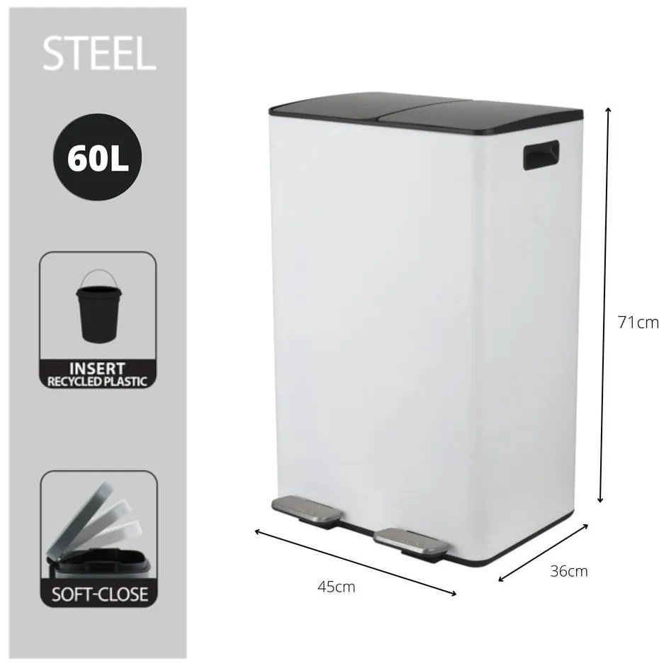 Stalowy kosz na śmieci 2x30 l do segregacji odpadów/z pedałem w matowym białym kolorze Aliya – Spirella