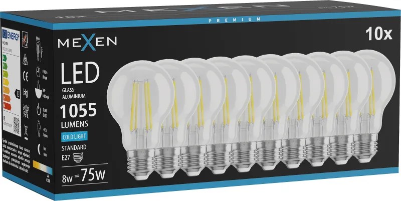 Mexen Vintis 10x żarówka filament LED E27, A60, 8W, Zimna - 6500K, 1055 lm, clear - L150-E27-0865-00x10