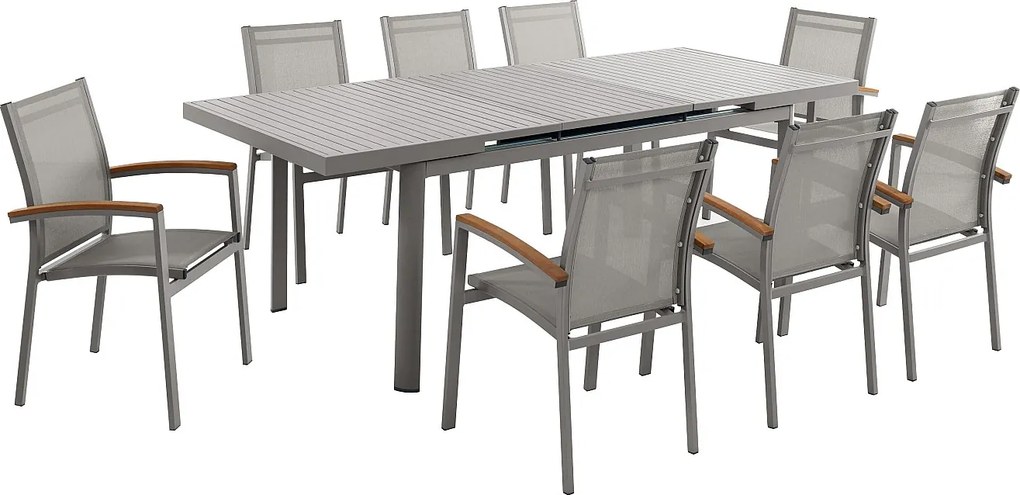 Zestaw mebli ogrodowych jadalnianych z aluminium: stół rozkładany dł. 180/240 cm i 8 sztaplowanych foteli z akacjowymi podłokietnikami - Taupe - NAURU marki MYLIA