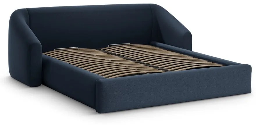 Ciemnoniebieskie tapicerowane łóżko dwuosobowe ze schowkiem ze stelażem 160x200 cm Campi – Cosmopolitan Design