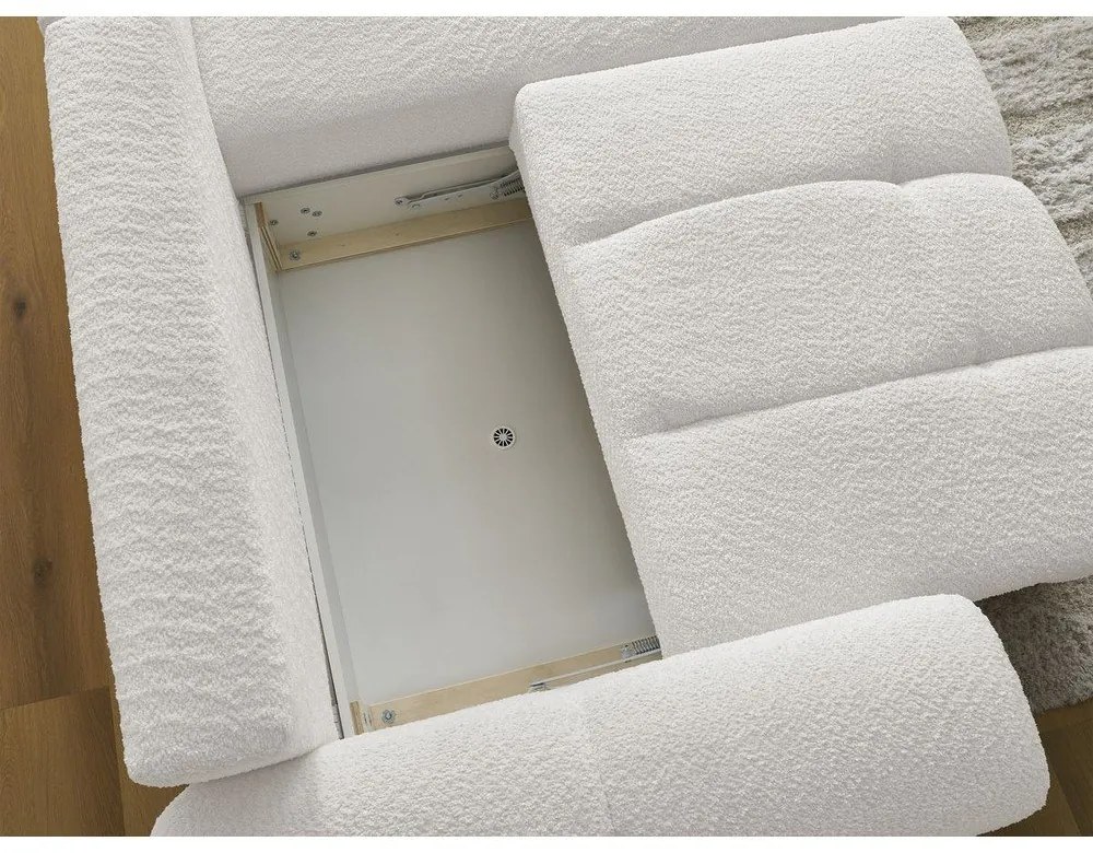 Biały rozkładany narożnik z materiału bouclé ze schowkiem (prawostronny/z szezlongiem) Roxelane – Bobochic Paris