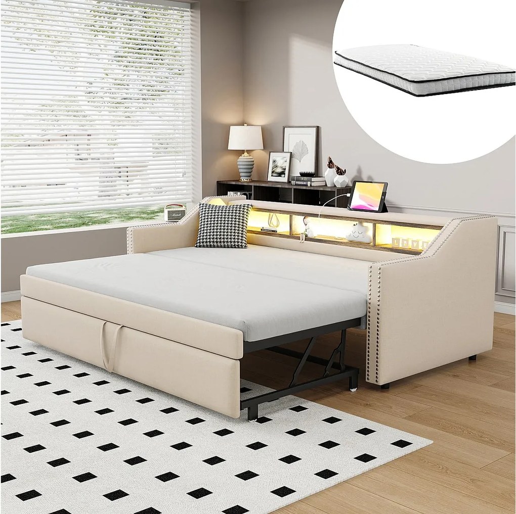 Rozkładana sofa rozkładana - 90/180 x 190 cm - z półkami do przechowywania + diody LED + USB - len + płyta MDF - beżowa (z 2 materacami)