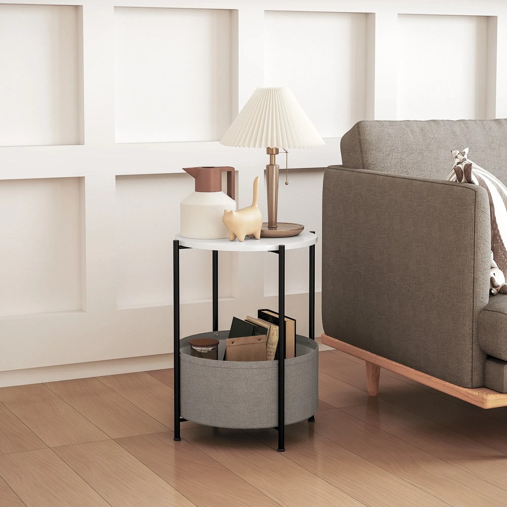 HOMCOM Okrągły stolik pomocniczy z koszem na tkaniny, 2-poziomowy stolik kawowy do salonu, sypialni, małe przestrzenie, metal, szary+biały