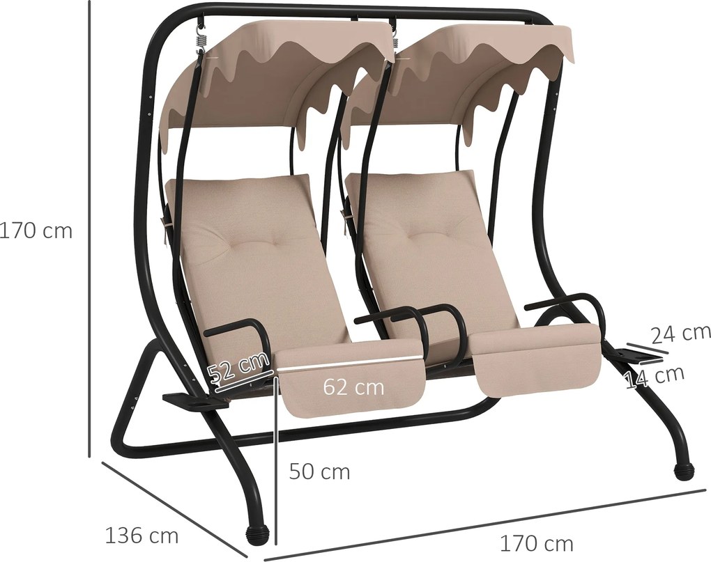 Outsunny Huśtawka ogrodowa typu Hollywood, odporna na warunki atmosferyczne, 2 oddzielne siedzenia, 2 podstawki na napoje, 170 cm x 136 cm x 170 cm, Beżowa