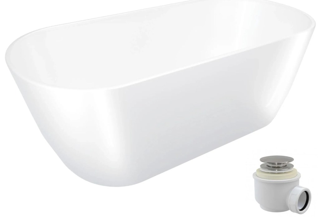 Wanna wolnostojąca VALO owalna biała z konglomeratu 165 x 75 cm bez przelewu cienki rant | Różne kolory korków : Kolor korka - Chrom