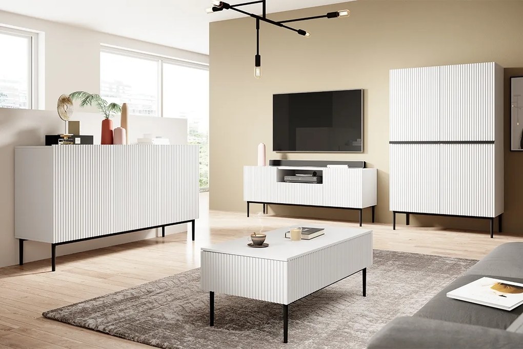 Komoda wysoka Nicole z metalowymi uchwytami i nogami 100 cm - biały mat / czarne nóżki