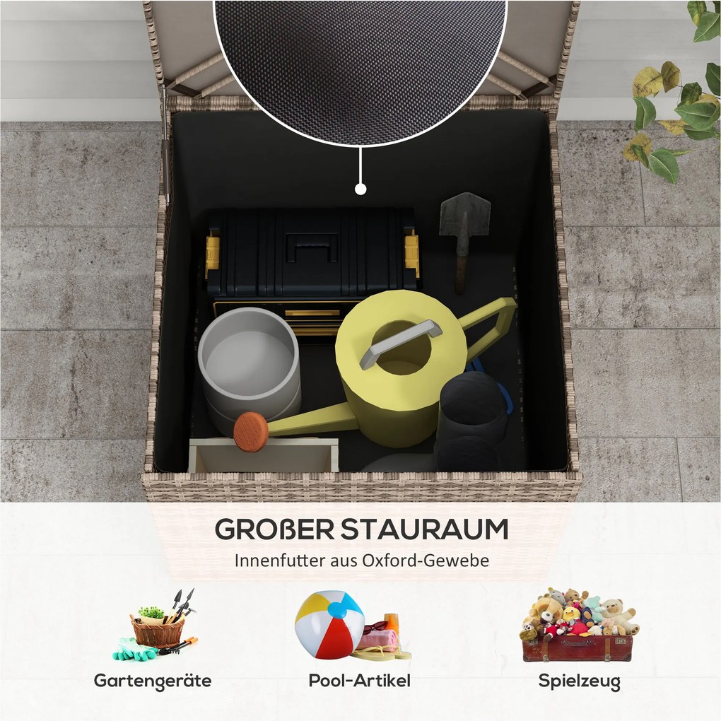 Outsunny Skrzynia na poduszki z polirotangu, wyściółka wewnętrzna, łatwe otwieranie/zamykanie, rama metalowa, 75S x 75G x 70W cm, Kolor czarny