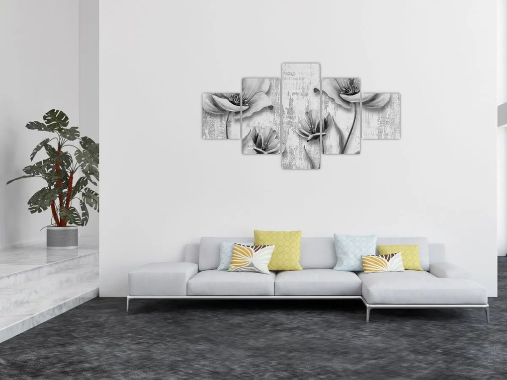 Obraz - Czarno-białe kwiaty na tle (125x70 cm)