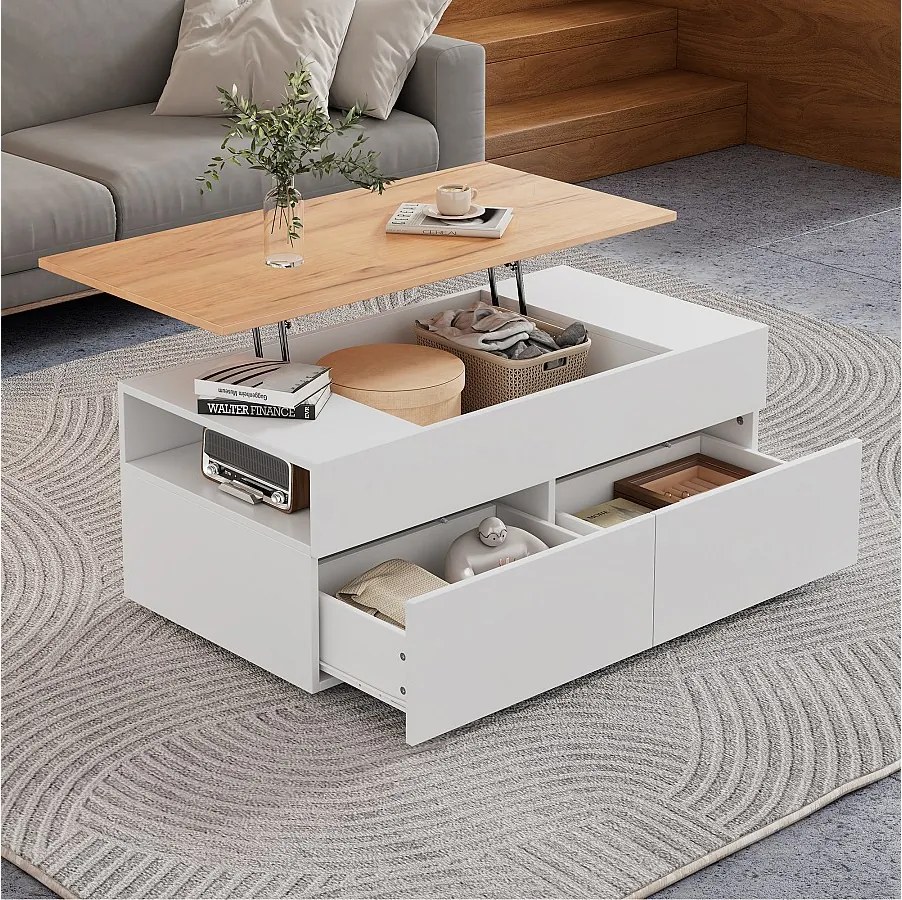 Biały stolik kawowy z podnoszonym blatem w efekcie drewna i 2 szufladami do przechowywania