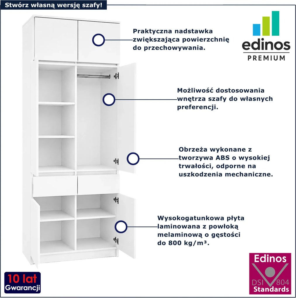 Biała minimalistyczna dwudrzwiowa szafa z nadstawką 100 cm  K6-T48
