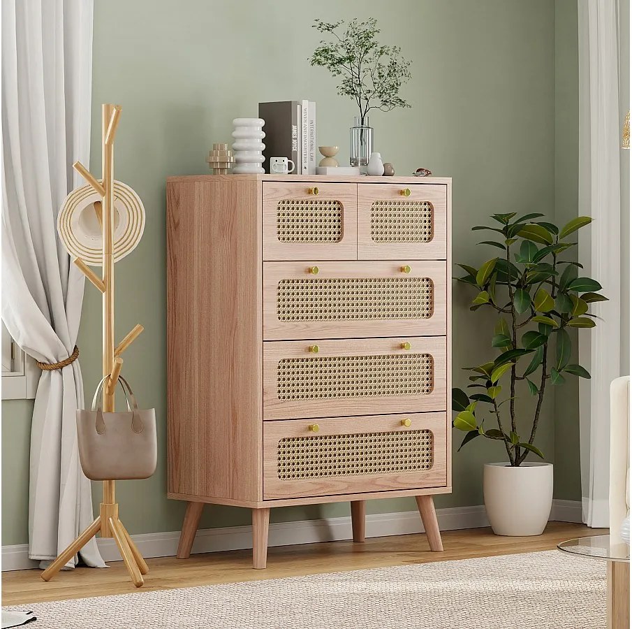 Komoda z rattanu, szafka z 5 szufladami, komoda do sypialni (kolor drewna)