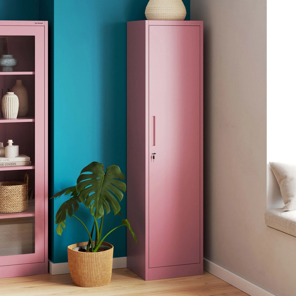 Wąska szafka do biura ALEX, 450 x 1850 x 400 mm, Fresh Style: pudrowy róż