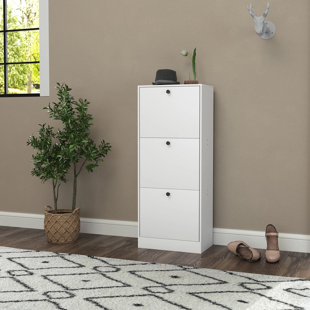 Szafka na Buty HOMCOM, Regał, 3 Klapki, Regulowana, Płyta Pilśniowa, Biały