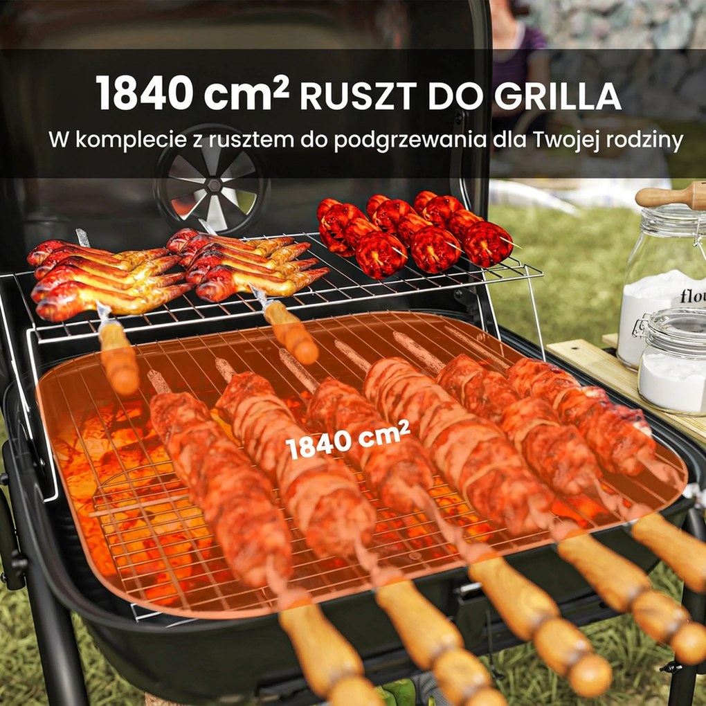 Outsunny Grill węglowy ze stali, przenośny, z zamykaną pokrywą, rusztem, kółkami i półkami, 98 x 54 x 91 cm, czarny | Aosom PL