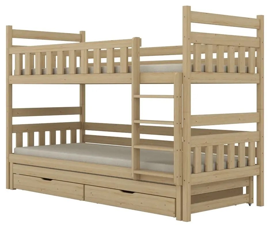 Łóżko piętrowe BARTEK 200x90 sosna lakierowana drewniane trzyosobowe z szufladami KOCOT KIDS