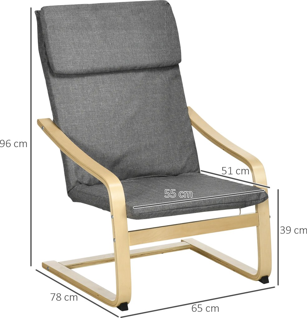 HOMCOM Fotel Relaksacyjny Szary Lniany Pokrycie z Drewnianym Stelażem Komfortowe Siedzisko z Podłokietnikami | Aosom PL