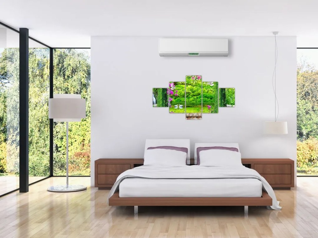Obraz - Magiczny ogród z łabędziami (125x70 cm)