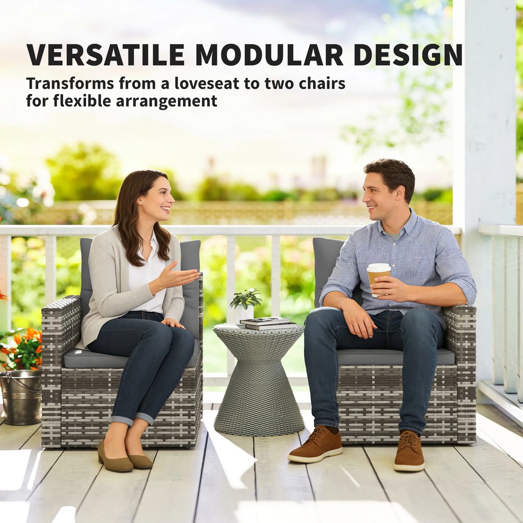 Outsunny Rattanowa sofa 2-osobowa z poduszkami, składane boczne stoliki, jasnoszary | Aosom PL