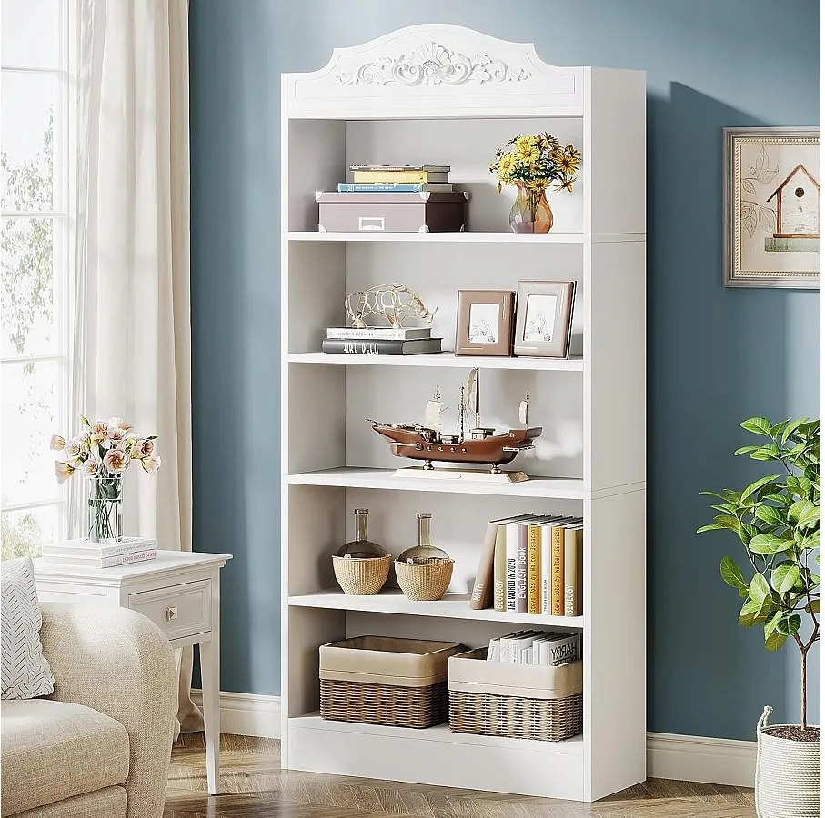 190 cm łukowaty regał na książki z półkami do przechowywania, duży biały otwarty regał na książki, drewniane półki ekspozycyjne, biuro domowe