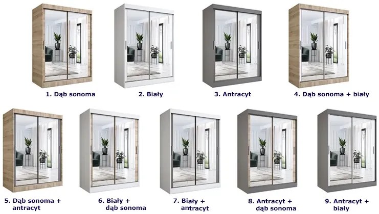 Szafa przesuwna z lustrem 150 cm dąb sonoma + biały R3-N80