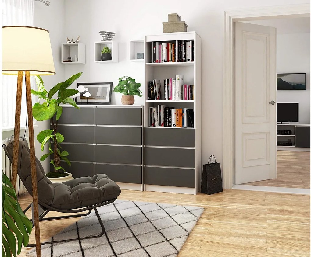 Regał AKORD R60 Biały 60 cm 3 szuflady kolor Grafit Szary mat 3 półki 60x35x180 cm