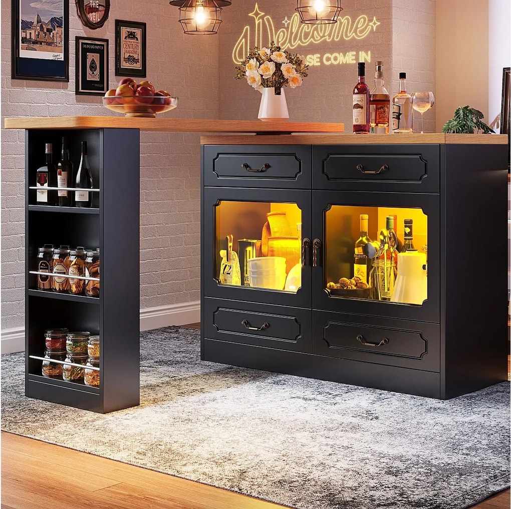 Kredens LED, czarna kredens z obrotowym blatem, 2 drzwiami i 4 szufladami - MDF