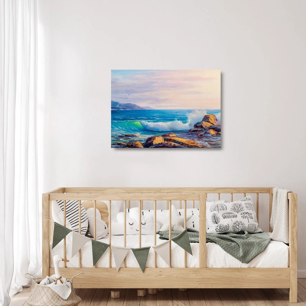 Obraz na szkle fal uderzających w klify, obraz olejny (70x50 cm)