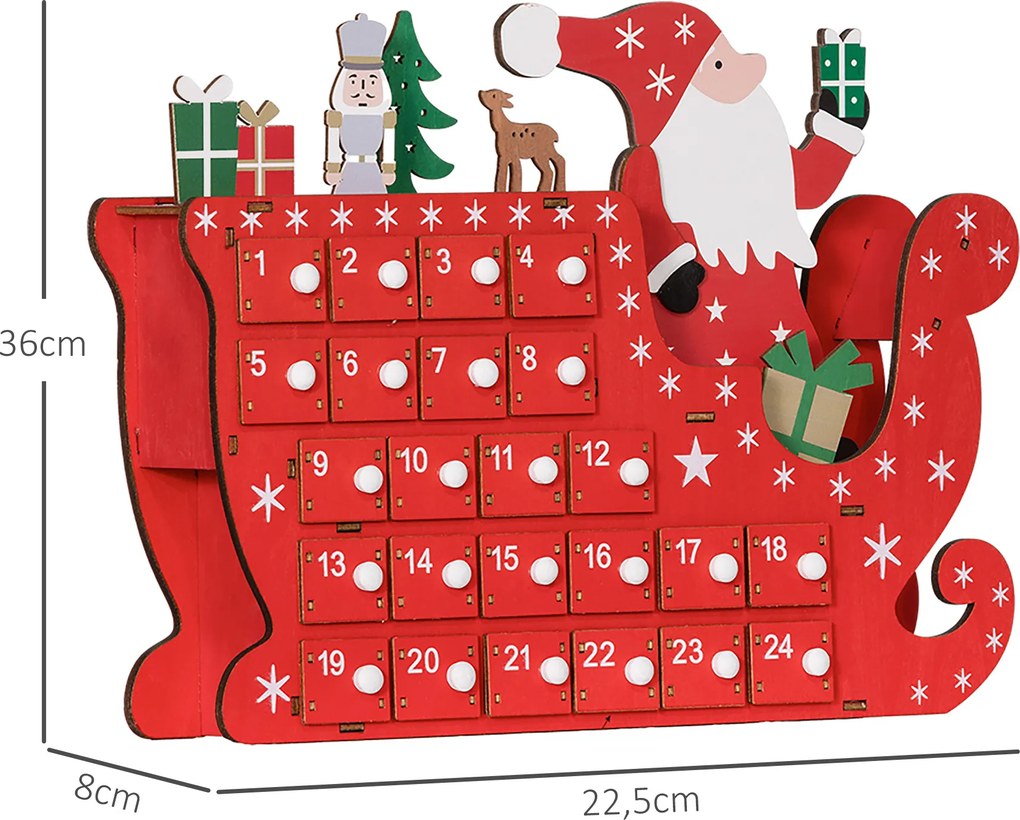 HOMCOM Kalendarz adwentowy Święty Mikołaj na saniach, 24 przegródki, wielokrotnego użytku, 22,5x8x36 cm, Czerwony