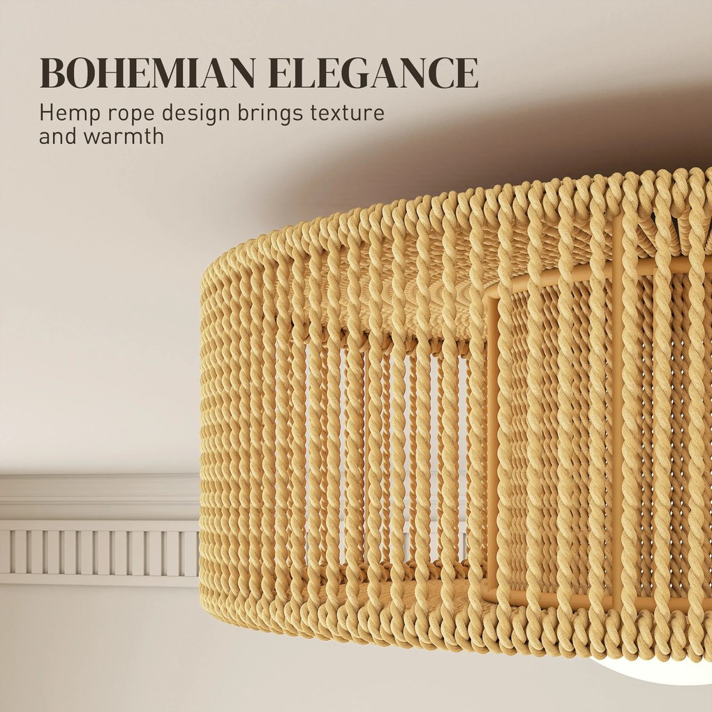 HOMCOM Lampa sufitowa, wisząca lampa boho z oprawką G9 LED, abażur ze sznurka konopnego okrągły