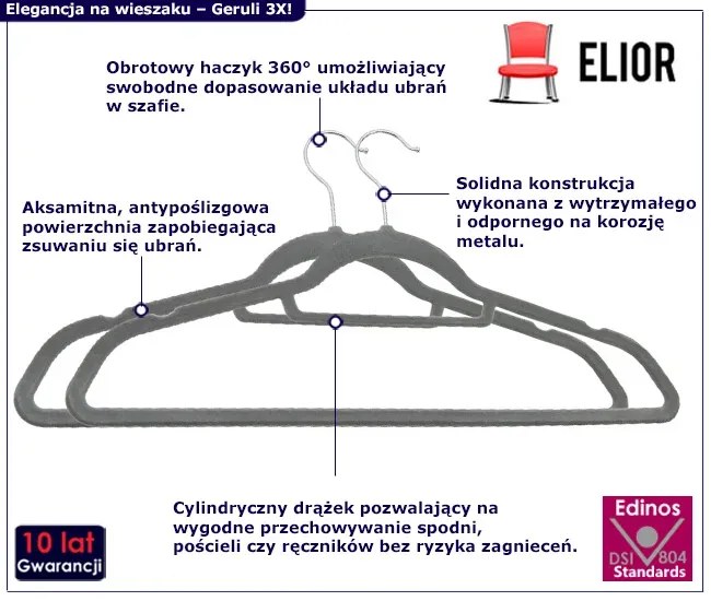 Zestaw 20 szt. aksamitnych szarych wieszaków - Telafo 3X