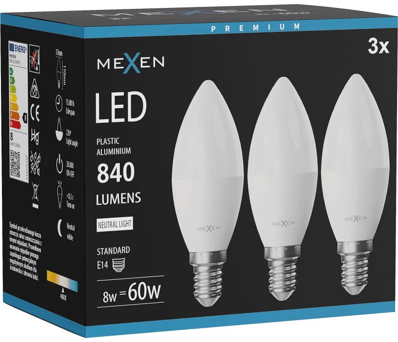 Mexen Nova 3x żarówka LED E14, C37, 8W, Neutralna - 4000K, 840 lm - L102-E14-0840-01x03