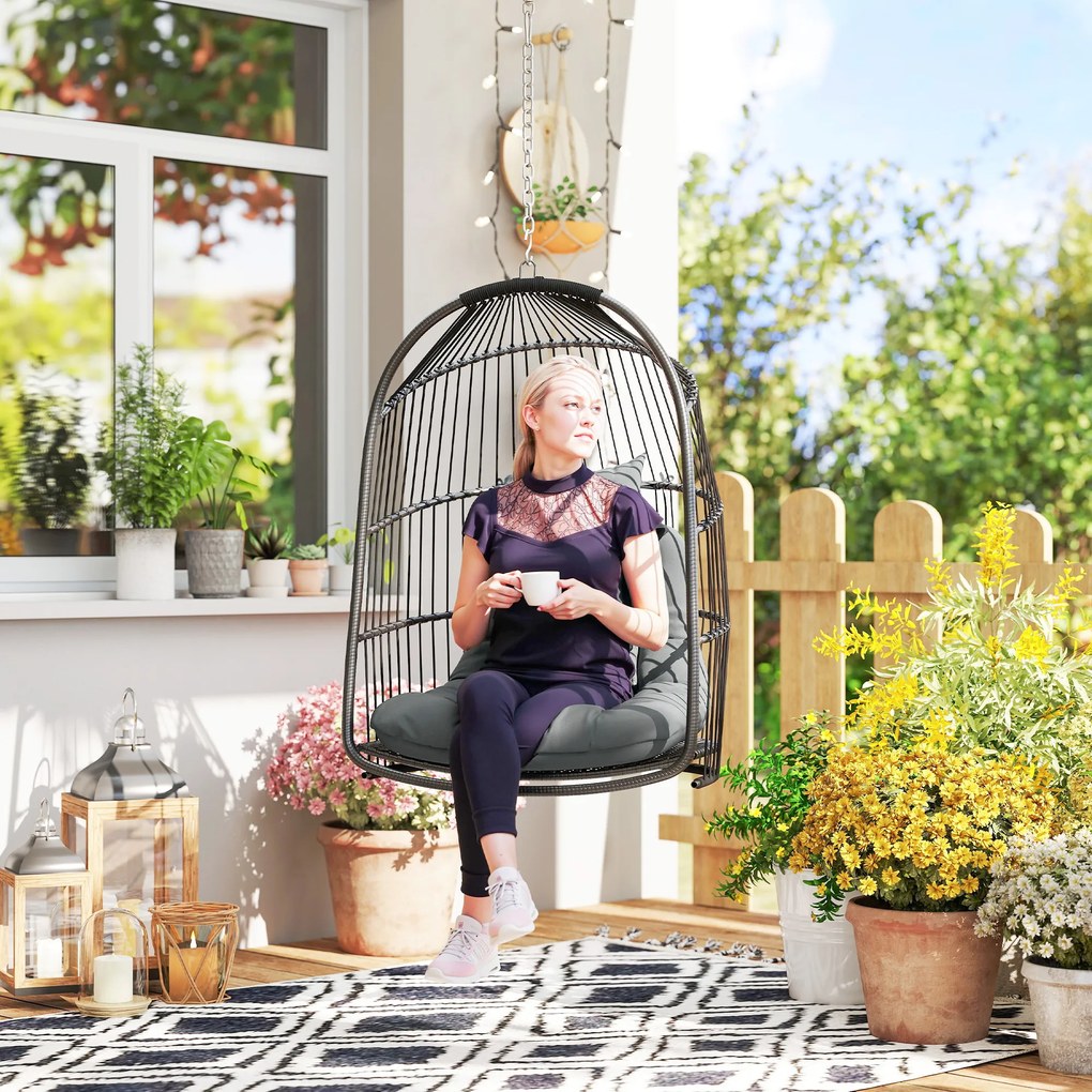 Outsunny Wiszący fotel z poduszką, rattan, na zewnątrz i wewnątrz, składany, do 150 kg, ciemnoszary