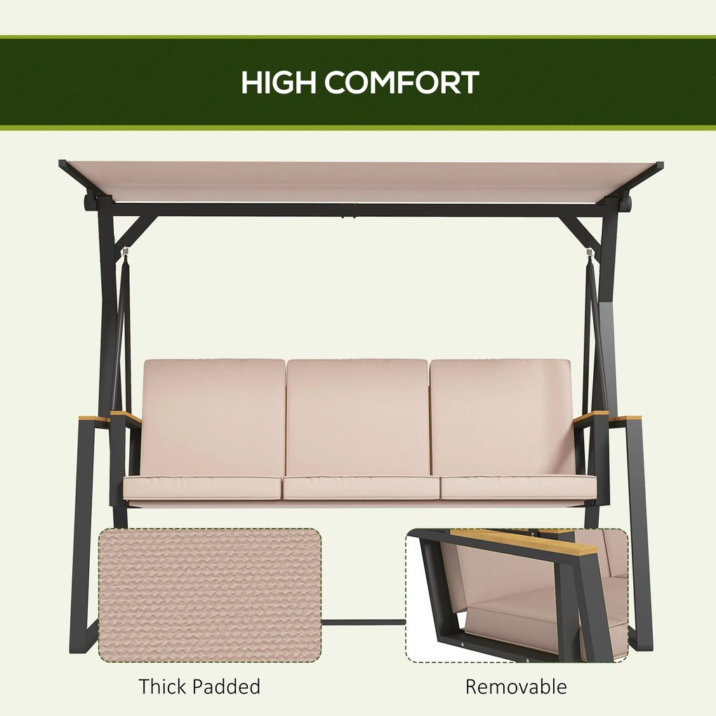 Outsunny Hollywoodschaukel huśtawka ogrodowa 3-osobowa, z daszkiem, odporna na warunki atmosferyczne, Beige + Schwarz