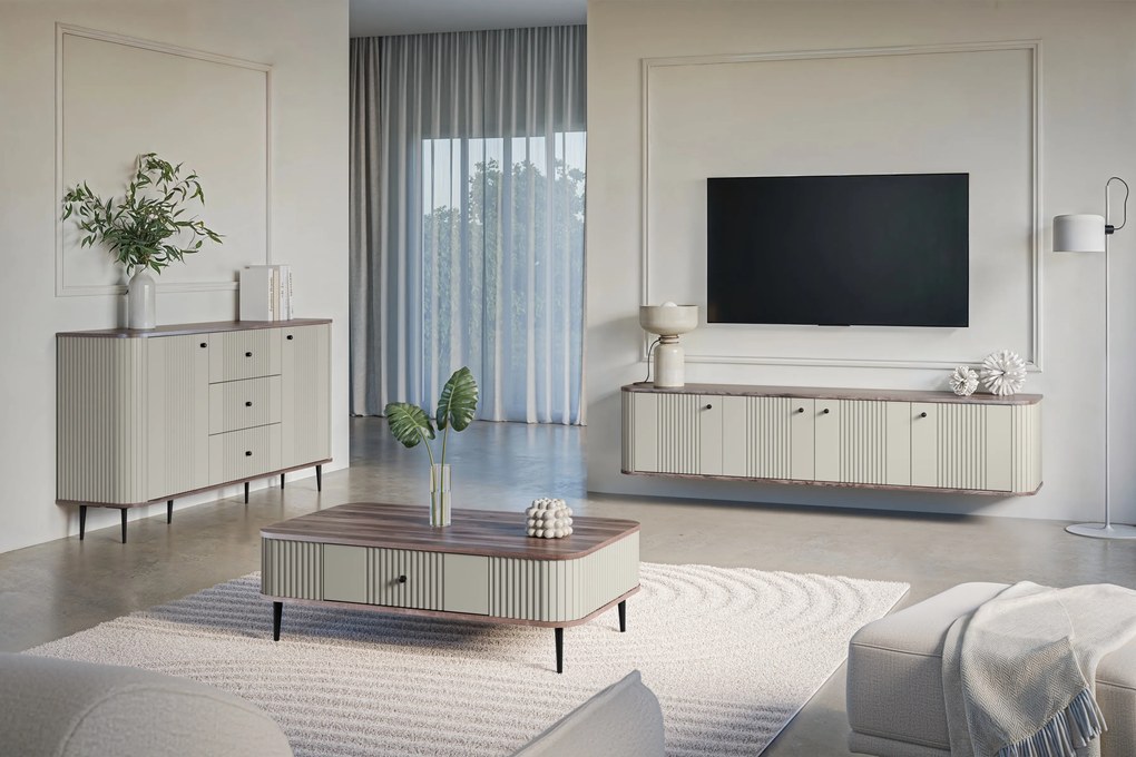 Stolik kawowy Vesper 103x60 cm z szufladą - kaszmir / orzech / czarne nogi