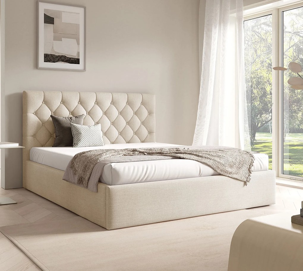 Beżowe łóżko z pikowanym zagłókiem 3 rozmiary H7-G28
